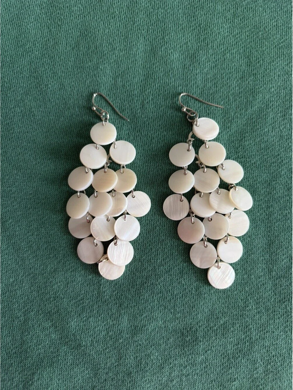 Boho Mother of Pearl Layered Shell Disc Dangle Earrings Silver Tone